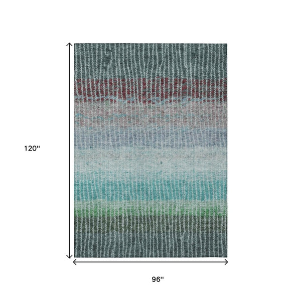 HomeRoots 8' Teal and Green Striped Washable Area Rug - Durable Indoor/Outdoor Design for High-Traffic Spaces 658948