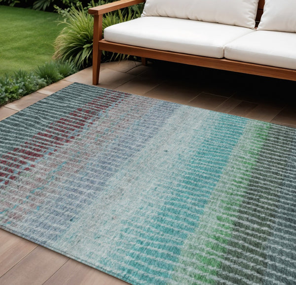 HomeRoots 8' Teal and Green Striped Washable Area Rug - Durable Indoor/Outdoor Design for High-Traffic Spaces 658948