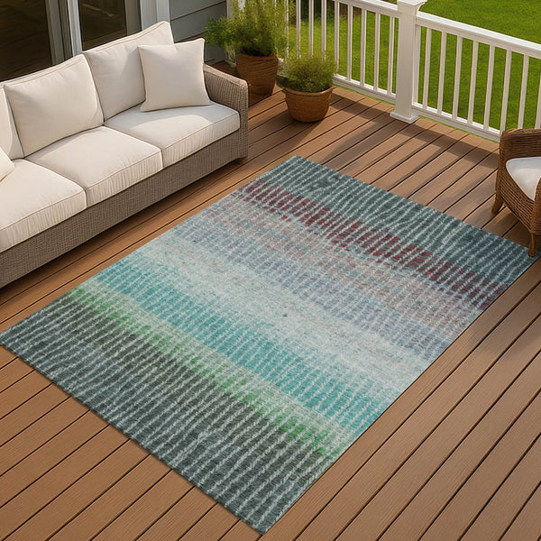 HomeRoots 8' Teal and Green Striped Washable Area Rug - Durable Indoor/Outdoor Design for High-Traffic Spaces 658948