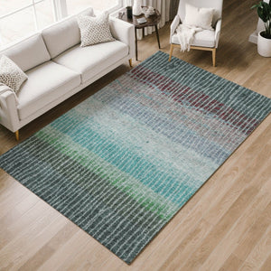 HomeRoots 8' Teal and Green Striped Washable Area Rug - Durable Indoor/Outdoor Design for High-Traffic Spaces 658948