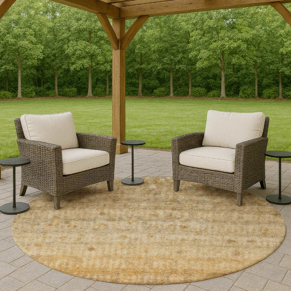 HomeRoots 8' Beige and Gold Round Striped Rug - Durable, Washable, Versatile for Indoor & Outdoor Spaces! 658953