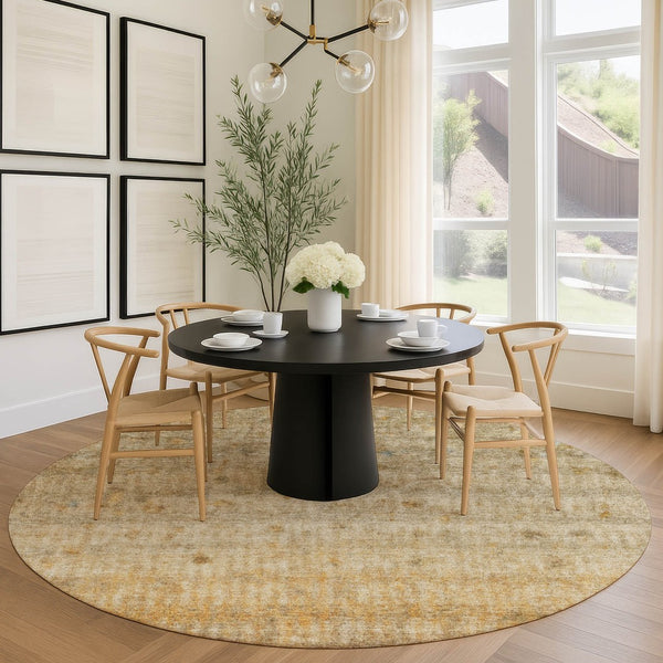 HomeRoots 8' Beige and Gold Round Striped Rug - Durable, Washable, Versatile for Indoor & Outdoor Spaces! 658953