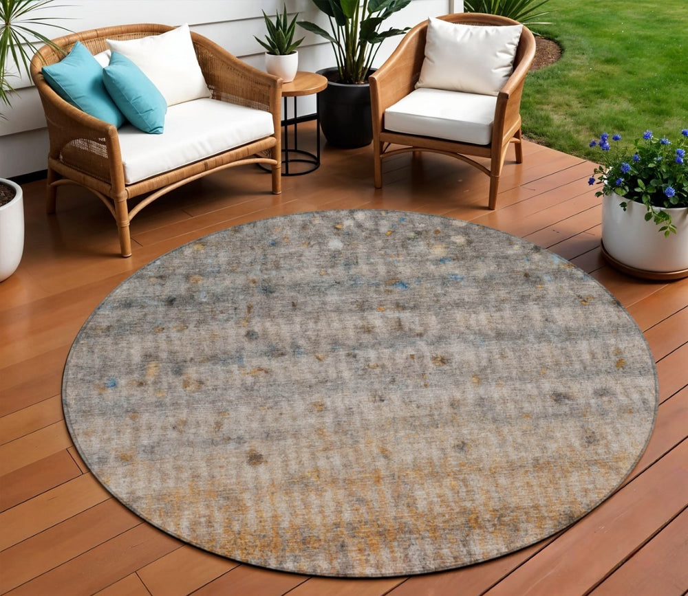 HomeRoots 8' Gray and Copper Round Striped Area Rug – Stylish, Washable Design for Indoor & Outdoor Spaces! 658965