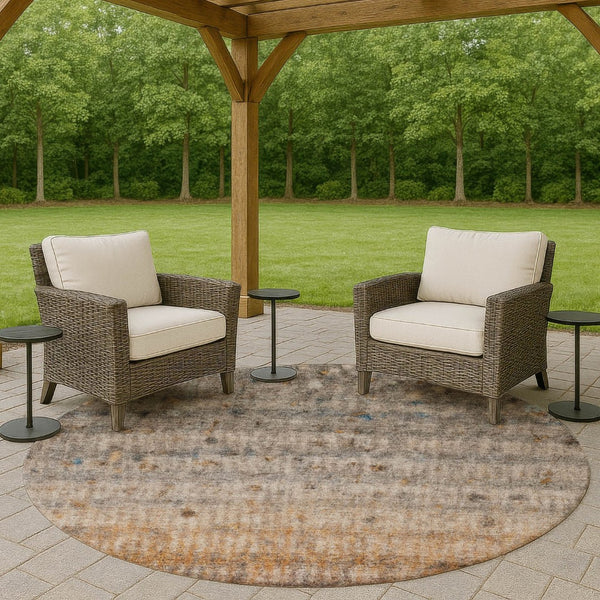 HomeRoots 8' Gray and Copper Round Striped Area Rug – Stylish, Washable Design for Indoor & Outdoor Spaces! 658965