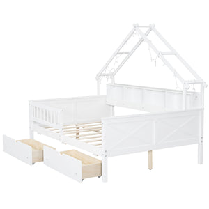 English Elm Wood Full Size Gaming Loft Bed with Integrated Desk, Shelves, LED Lighting & Hanging Clothes Rack White N7090001044K