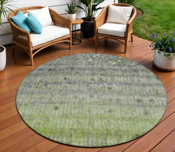 HomeRoots 8' Stylish Green and Gray Striped Washable Round Rug for Indoor and Outdoor Spaces, Easy-Care! 658971