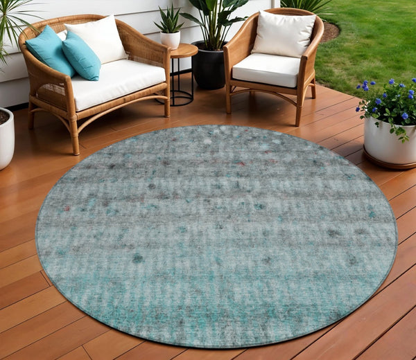 HomeRoots 8' Teal Blue and Gray Striped Round Area Rug - Washable, Durable, Stylish for Indoor & Outdoor Use 658989