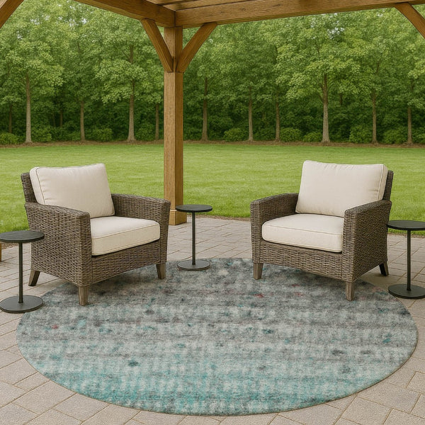 HomeRoots 8' Teal Blue and Gray Striped Round Area Rug - Washable, Durable, Stylish for Indoor & Outdoor Use 658989