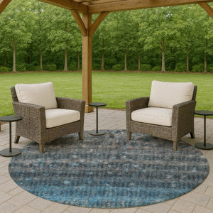 HomeRoots 8' Blue and Gray Round Striped Area Rug – Washable, Durable, Perfect for Indoor & Outdoor Spaces! 658995