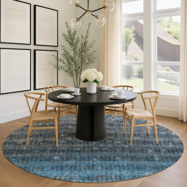 HomeRoots 8' Blue and Gray Round Striped Area Rug – Washable, Durable, Perfect for Indoor & Outdoor Spaces! 658995