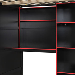English Elm Full Size Loft Bed with Rgb Lighting Desk Open Wardrobe and Storage for Gaming Rooms Red LT000277AAR