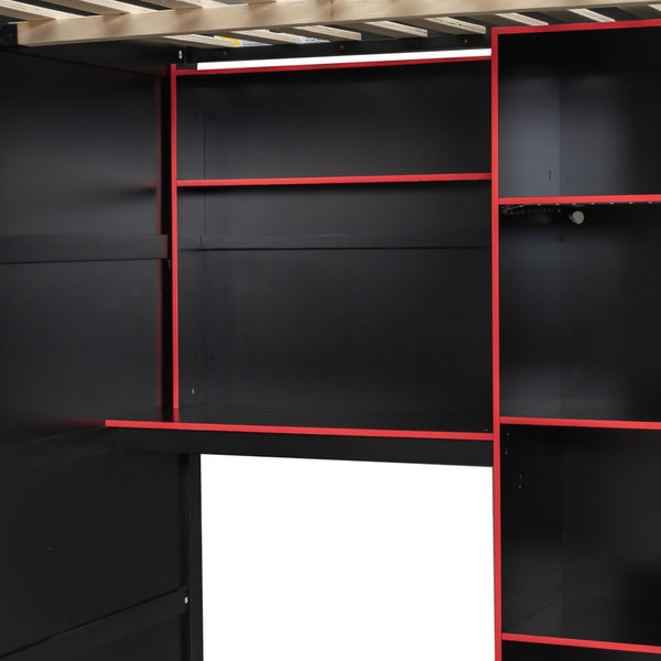 English Elm Full Size Loft Bed with Rgb Lighting Desk Open Wardrobe and Storage for Gaming Rooms Red LT000277AAR