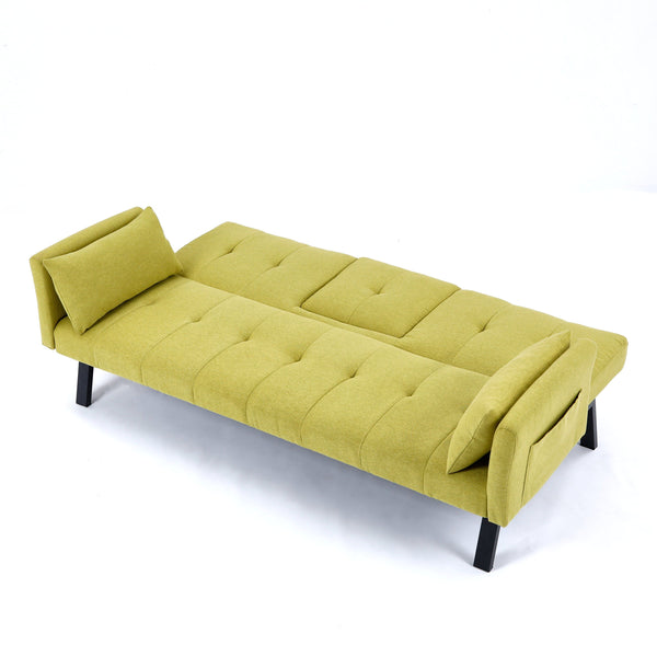 English Elm 70-inch Foldable Cotton Linen Sofa Bed with Cup Holder & Side Storage, Space-Saving 2-Seater Design Green W3371P337200