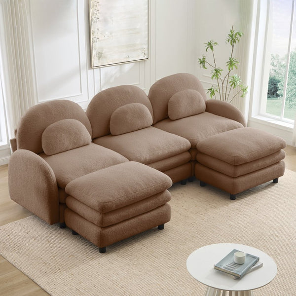 English Elm Teddy Fleece Modular Cloud Sofa Plush Three Seat Sectional with Movable Ottomans Camel W5656S00106
