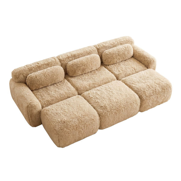 English Elm 3-seater Curved Modular Sectional Plush Upholstered Sofa with Linkable Ottoman for Living Rooms Light Khaki W714S01570