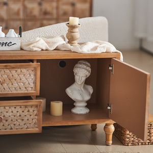 English Elm Rattan Mid-Century TV Stand 63.8" for TVs up to 65" — Rattan Doors, 2 Drawers, Adjustable Shelf, Cord Management W3040P382306