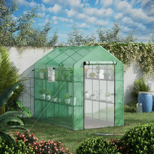 English Elm Outsunny Walk-in Lean-to Greenhouse with Pe Cover Roll-up Window and Ground Stakes W2225P217965