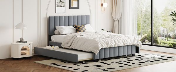 English Elm Queen Tufted Velvet Platform Bed with Storage Drawers and Pull Out Trundle Gray LP000714AAE-1