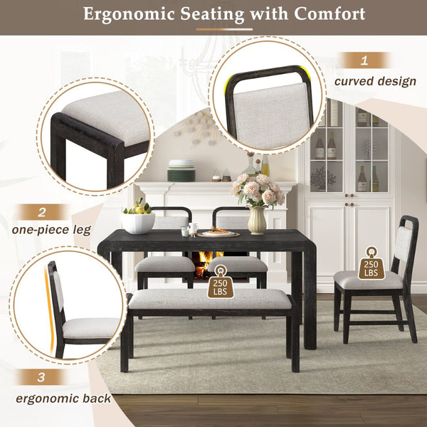English Elm Trexm Rustic Oak Extendable Dining Set with Upholstered Chairs Bench Seats 6 Espresso ST000154AAP