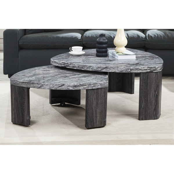 English Elm Granite 2-Piece Gray Marble-Look Nesting Coffee Table Set — Space-Saving Modern Sofa Side Tables B011P356298