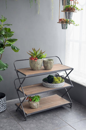 English Elm 34.3x16.9x32.7" Three Tier Fir Wood Iron Shelf Industrial Storage and Planter Stand W2078P499748
