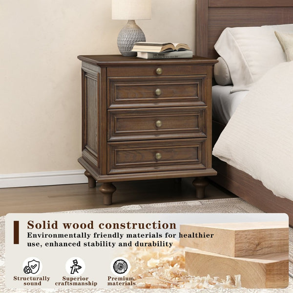 English Elm Farmhouse Nightstand Pine Wood Four Drawer Storage with Pull Out Tray Gourd Legs Walnut Brown W1716P399633