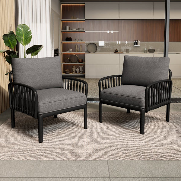 English Elm Christopher Knight Home® - ( SET OF 2 ) Outdoor Patio Club Chair with Waterproof Thick Cushions, Deep Seating, Modern Classic Style Black+ Gray N780P199454B-2