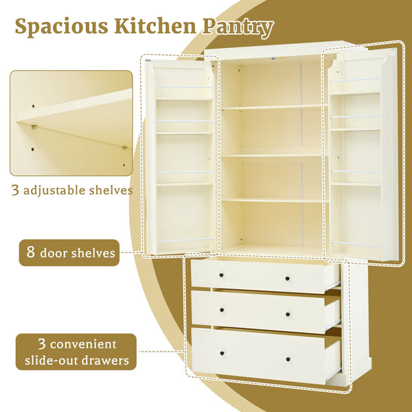 English Elm [Assembly 77in Farmhouse Kitchen Pantry Tall Freestanding Storage Cabinet with 3 Adjustable Shelves, 8 Door Shelves, 3 Drawers, Durable MDF Cream SP000047AAA