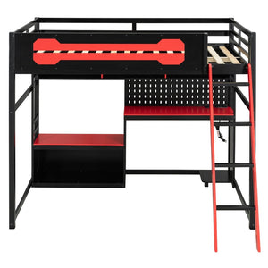 English Elm Full Size Gaming Loft Bed with Built-in Desk Led Lighting Usb Ports and Pegboard Black+Red LT000270AAR