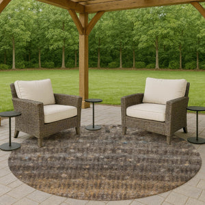 HomeRoots 8' Round Striped Washable Area Rug - Durable Brown & Beige Indoor/Outdoor Rug for High Traffic Use 659001