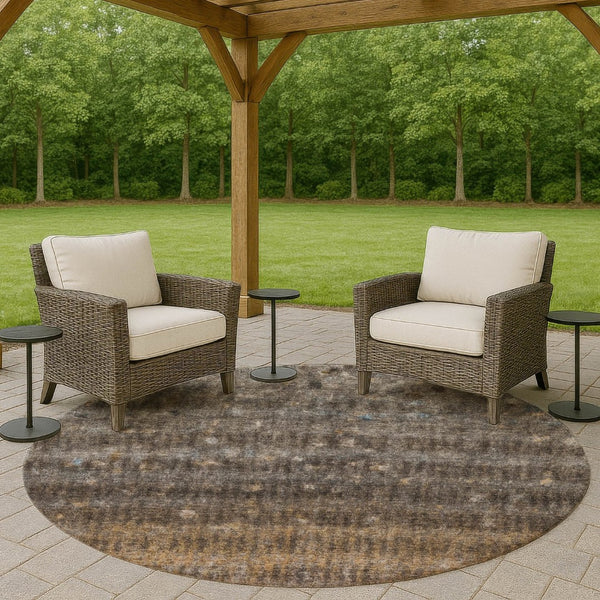 HomeRoots 8' Round Striped Washable Area Rug - Durable Brown & Beige Indoor/Outdoor Rug for High Traffic Use 659001