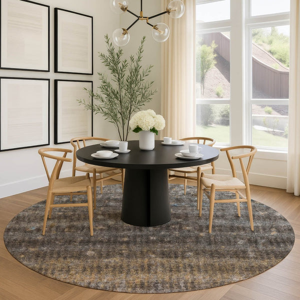 HomeRoots 8' Round Striped Washable Area Rug - Durable Brown & Beige Indoor/Outdoor Rug for High Traffic Use 659001