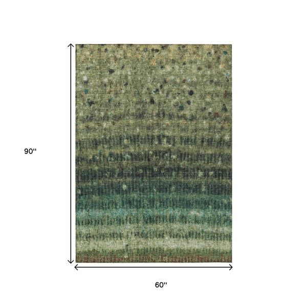 HomeRoots 5' Stylish Fern Green & Gray Striped Washable Area Rug for Indoor & Outdoor High-Traffic Spaces 659006