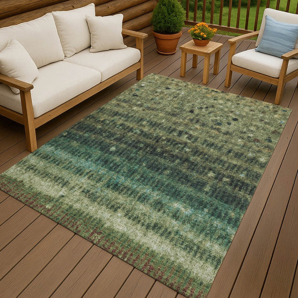 HomeRoots 5' Stylish Fern Green & Gray Striped Washable Area Rug for Indoor & Outdoor High-Traffic Spaces 659006