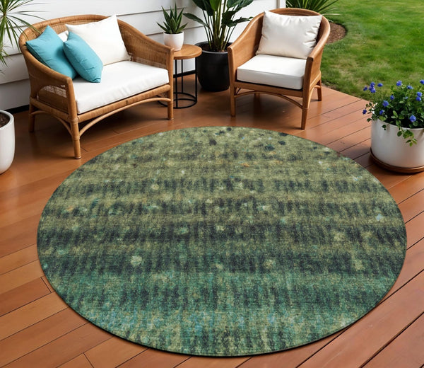 HomeRoots 8' Round Fern Green and Gray Striped Area Rug - Washable, Durable, Stylish for Indoor & Outdoor Use! 659007