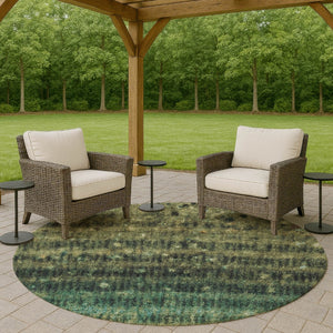 HomeRoots 8' Round Fern Green and Gray Striped Area Rug - Washable, Durable, Stylish for Indoor & Outdoor Use! 659007