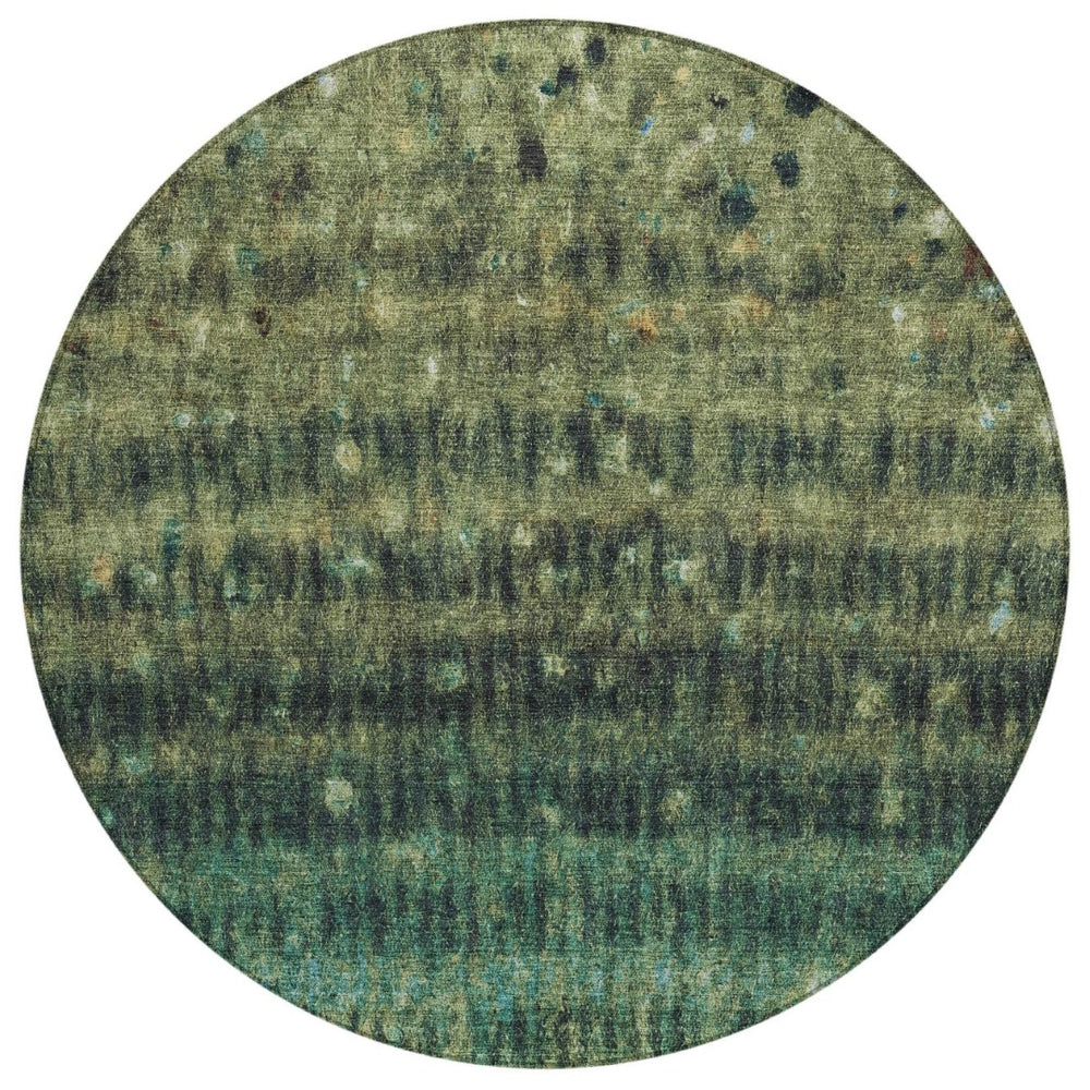 HomeRoots 8' Round Fern Green and Gray Striped Area Rug - Washable, Durable, Stylish for Indoor & Outdoor Use! 659007