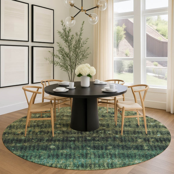 HomeRoots 8' Round Fern Green and Gray Striped Area Rug - Washable, Durable, Stylish for Indoor & Outdoor Use! 659007