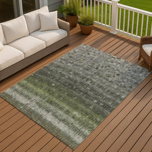 HomeRoots 5' Olive Green & Gray Striped Washable Indoor-Outdoor Area Rug - Durable, Stylish, Easy Care! 659012