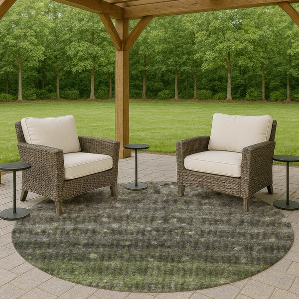 HomeRoots 8' Olive Green and Gray Striped Area Rug - Durable, Washable, Perfect for Indoor & Outdoor Spaces! 659013