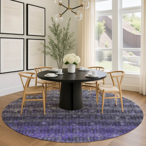 HomeRoots 8' Striped Purple and Gray Round Rug - Stylish, Washable, Indoor/Outdoor Area Rug for Any Space 659019