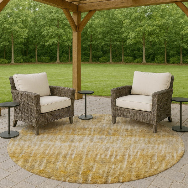 HomeRoots 8' Round Abstract Area Rug in Gold Beige & Gray – Washable, Durable for Indoor & Outdoor Use! 659037