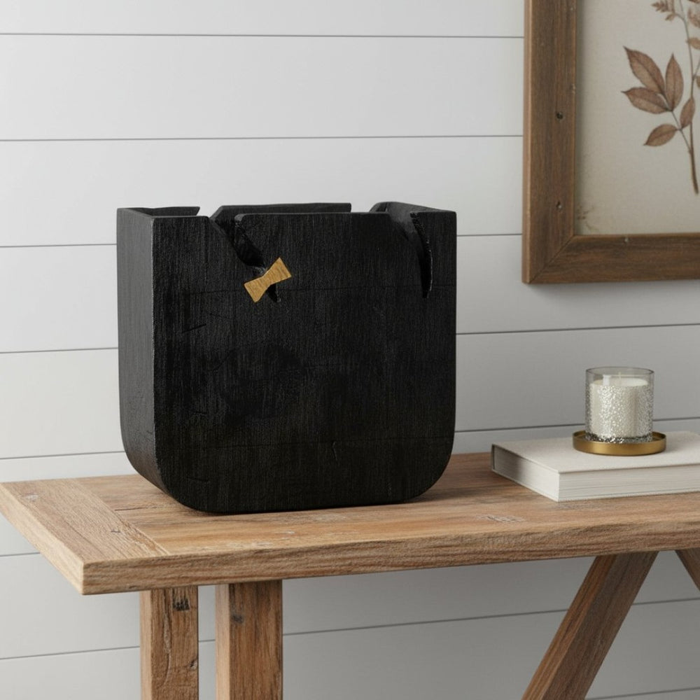 HomeRoots Black Wood Square Pot Planter - Modern Indoor Decor for Houseplants, Succulents & Small Spaces 659054