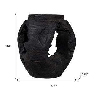 HomeRoots 14" Stunning Ebony and Black Solid Wood Table Vase - Hand-Painted, Sculptural Art for Any Space 659065