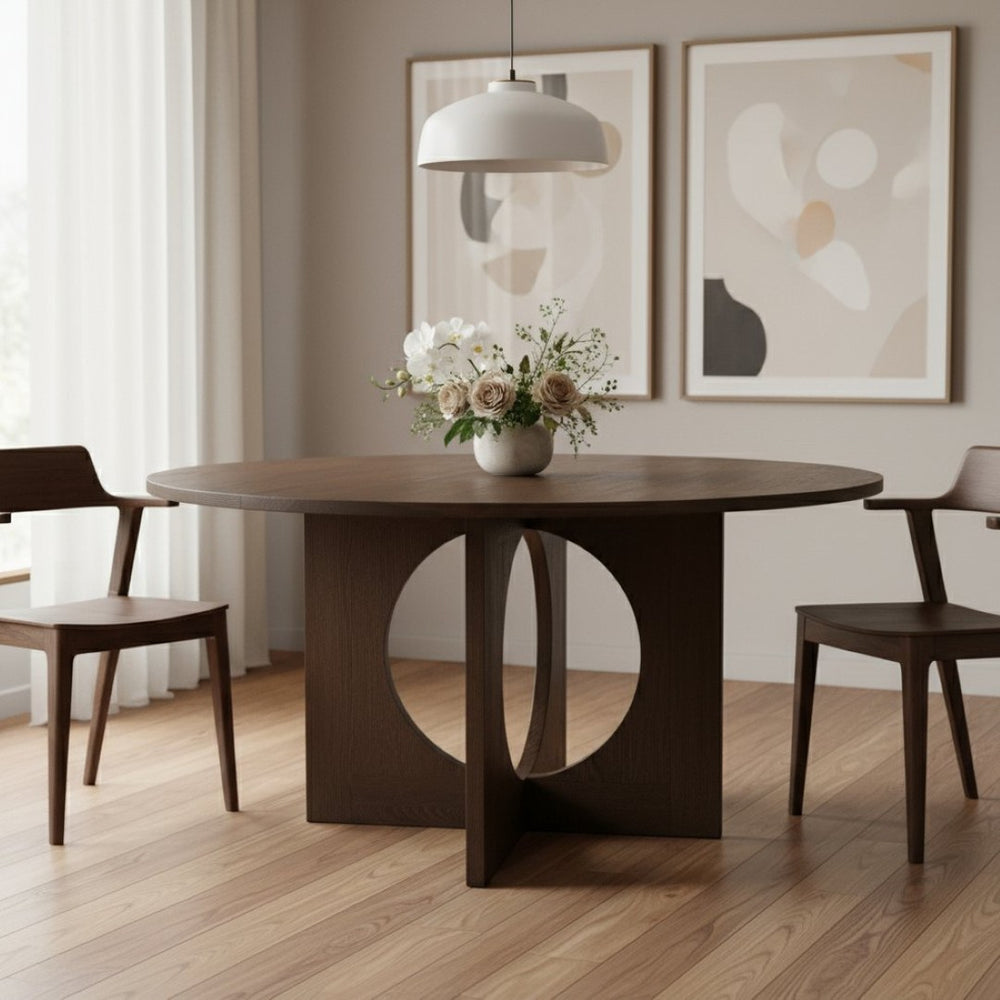 HomeRoots 60" Round Brown Wood Pedestal Dining Table – Elegant Oak Design for 6, Perfect for Family Gatherings 659074