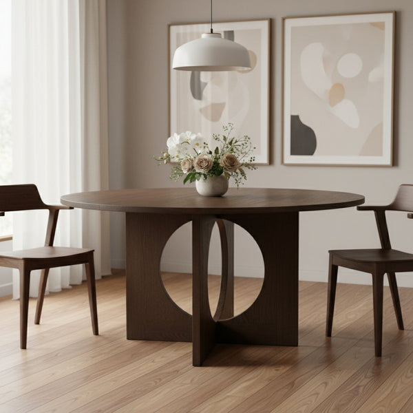 HomeRoots 60" Round Brown Wood Pedestal Dining Table – Elegant Oak Design for 6, Perfect for Family Gatherings 659074