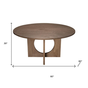 HomeRoots 60" Round Brown Wood Pedestal Dining Table – Elegant Oak Design for 6, Perfect for Family Gatherings 659074