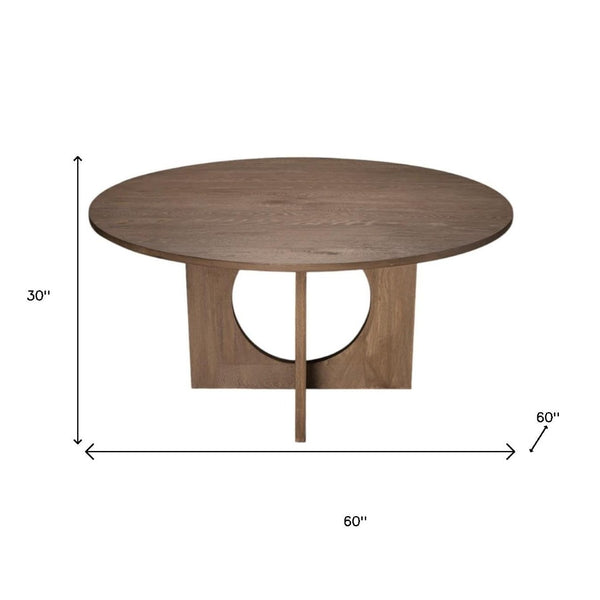 HomeRoots 60" Round Brown Wood Pedestal Dining Table – Elegant Oak Design for 6, Perfect for Family Gatherings 659074