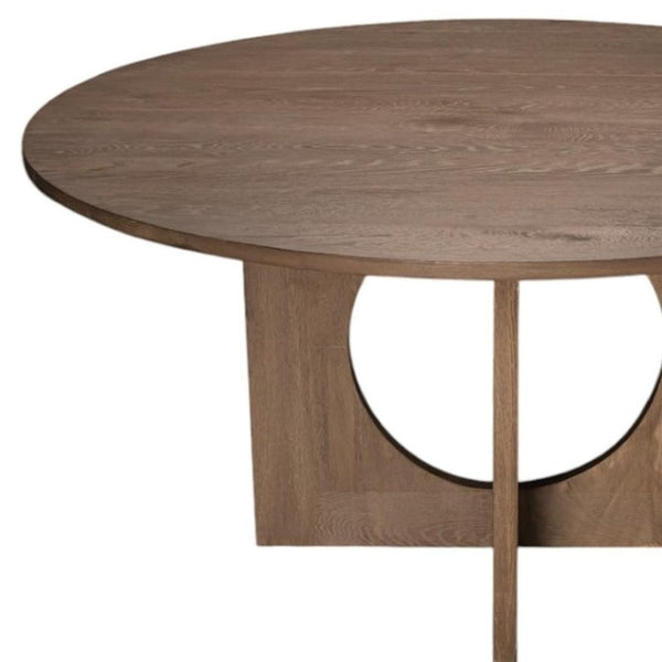 HomeRoots 60" Round Brown Wood Pedestal Dining Table – Elegant Oak Design for 6, Perfect for Family Gatherings 659074