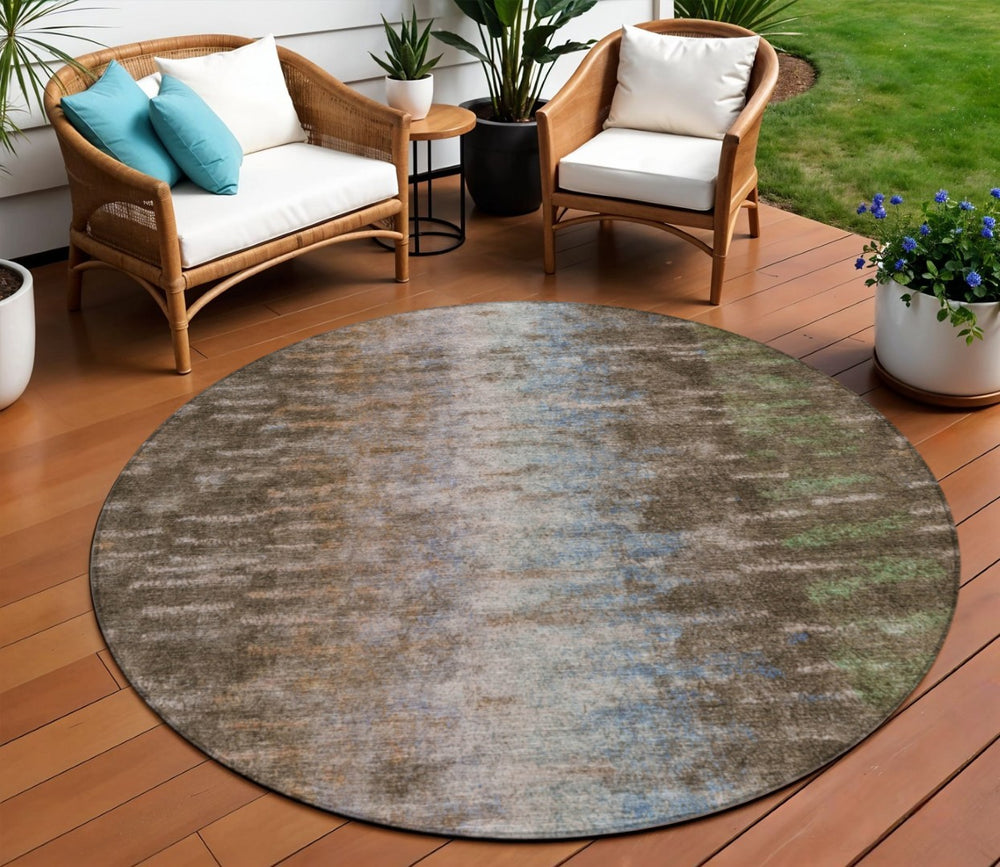 HomeRoots 8' Round Abstract Area Rug - Washable Indoor/Outdoor Rug in Brown, Green & Ivory for Modern Spaces 659080